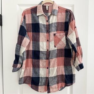 Pink Navy & Cream Plaid Button Down Shirt